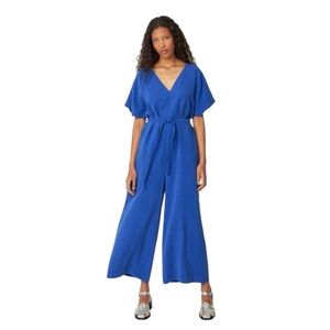 NWT SKFK Kaie Indigo Blue Tencel S/S Cropped Jumpsuit Pockets Size 6 Reg. $159
